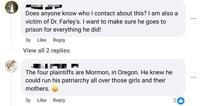 Two Facebook comments from the Mormon Stories podcast about disgraced physician and LDS Church member Dr. David Farley.