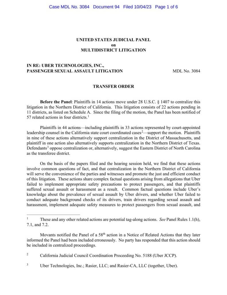First page of the official MDL 3084 transfer order consolidating Uber sexual assault lawsuits in federal court
