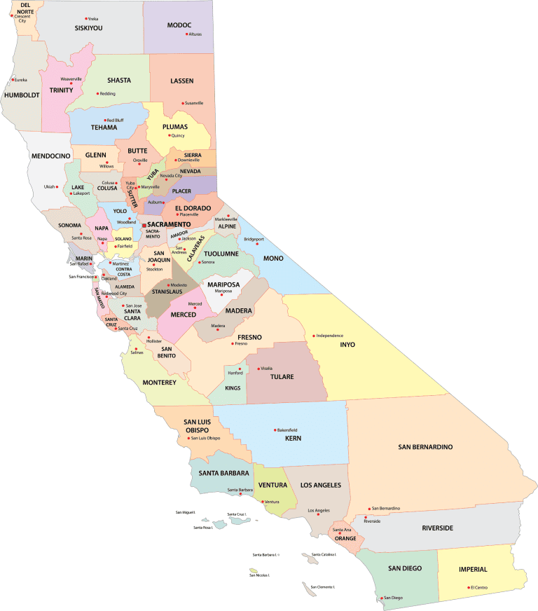A map of California counties, indicative of the area the attorneys SurvivorsRights.com partners with on sexual assault cases.