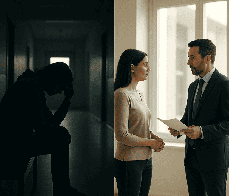 Transformation of a sexual abuse survivor, from isolation in a dark institutional hallway to confidently seeking justice with legal support.