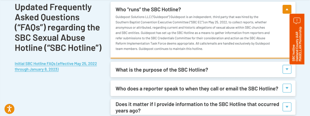 Screenshot of Guidepost Solutions' SBC Sexual Abuse Hotline FAQ webpage.
