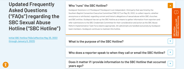Screenshot of Guidepost Solutions' SBC Sexual Abuse Hotline FAQ webpage.