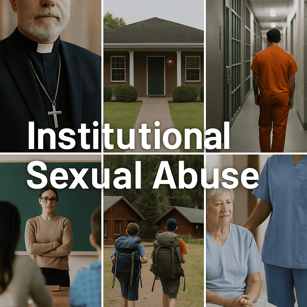 Mosaic images of institutions where sexual abuse cases have proliferated.