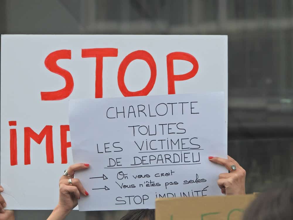 Feminist protest at the Tribunal of Paris the day of the trial of french actor Gerard Depardieu for sexual assault.