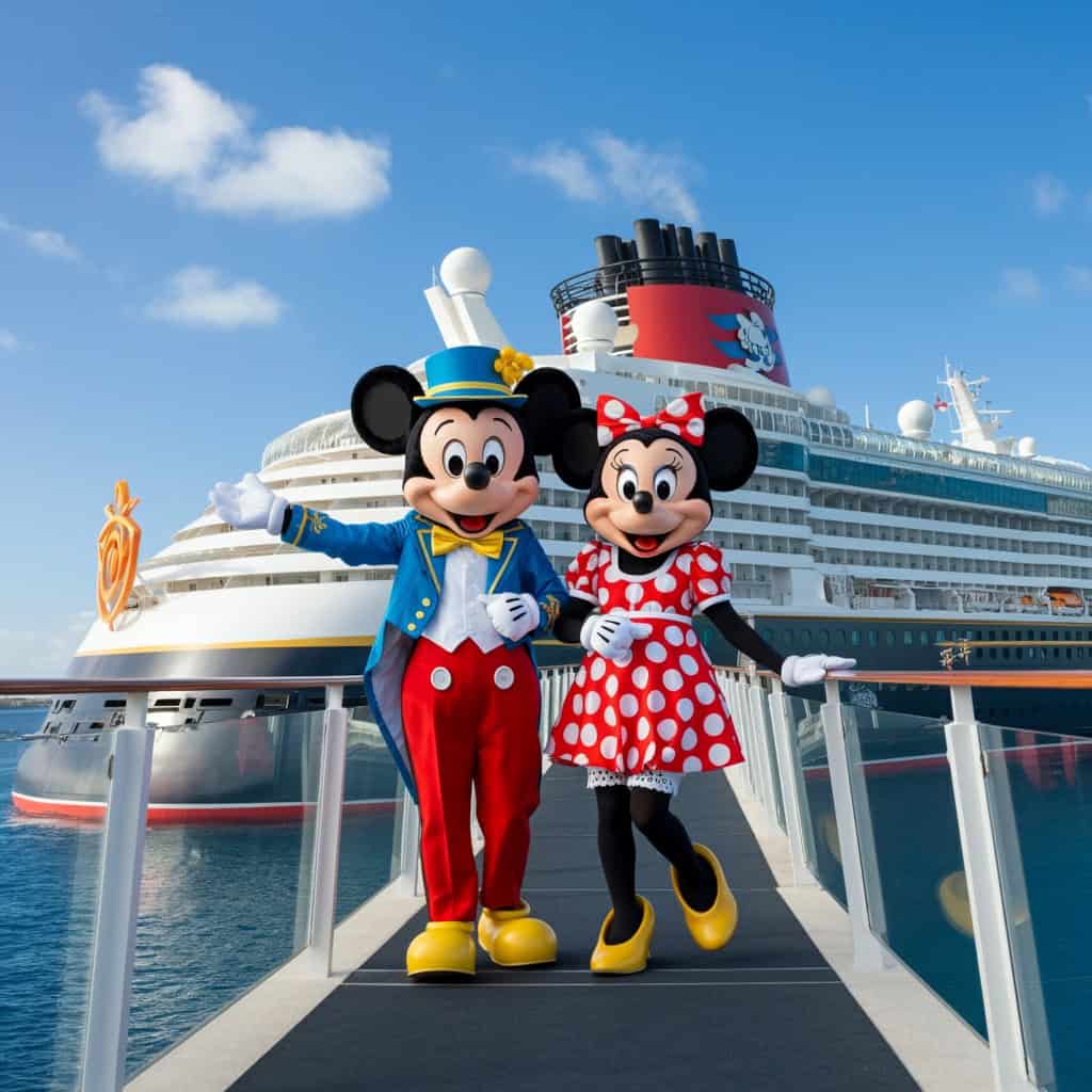 Mickey Mouse and Minnie Mouse posing in front of a Disney Cruise ship.