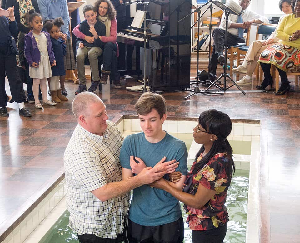 A full immersion baptism in a Southern Baptist Convention affiliated church.