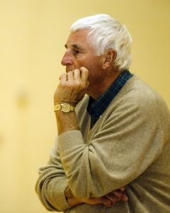 A side profile picture of former Indiana basketball coach, Bobby Knight, who allegedly knew of sexual abuse by the team doctor.