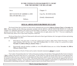 A Boy Scouts of America proof of sexual abuse claim form.