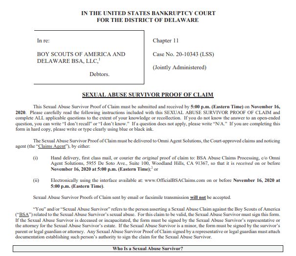 A Boy Scouts of America proof of sexual abuse claim form.