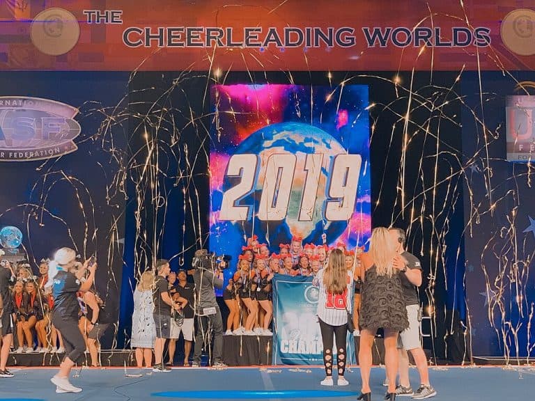 The Infinity All Stars Cheerleading team from Jacksonville, Florida, pictured after winning the 2019 Cheerleading Worlds for the first time in their gym's history.