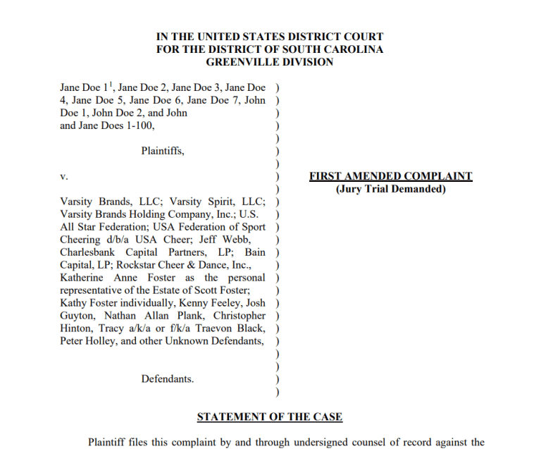 Cover page of the first amended federal complaint filed in the U.S. District Court for the District of South Carolina, naming Varsity Brands and affiliated entities as defendants in a sexual abuse lawsuit involving more than 100 plaintiffs.