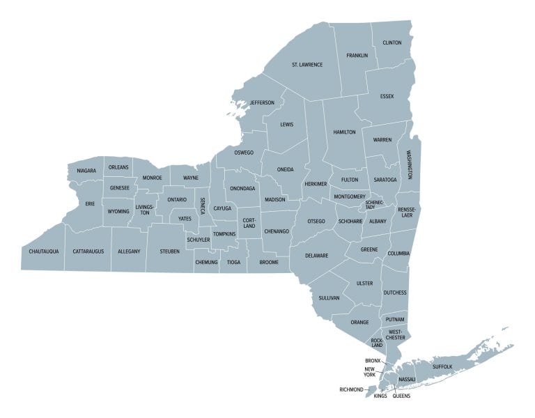 A map of New York State counties, indicative of the scope of reach of attorneys that SurvivorsRights.com partners with.