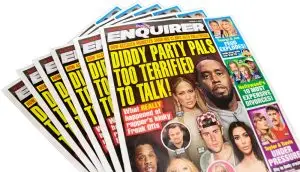 Photo of the Enquirer newspaper with the headline, "Diddy Party Pals Too Terrified To Talk"