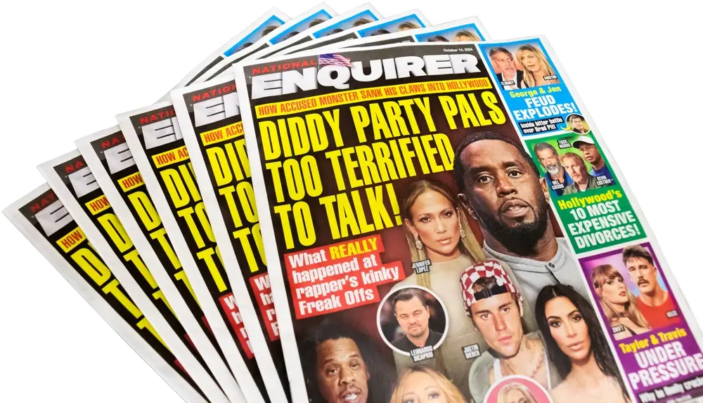 Photo of the Enquirer newspaper with the headline, "Diddy Party Pals Too Terrified To Talk"