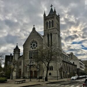 Exterior front-facing view of The Roman Catholic Cathedral of the Immaculate Conception, 240 East Onondaga Street at Columbus Circle, Syracuse