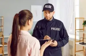 A young female speaks to a policeman who is taking notes about the incident.