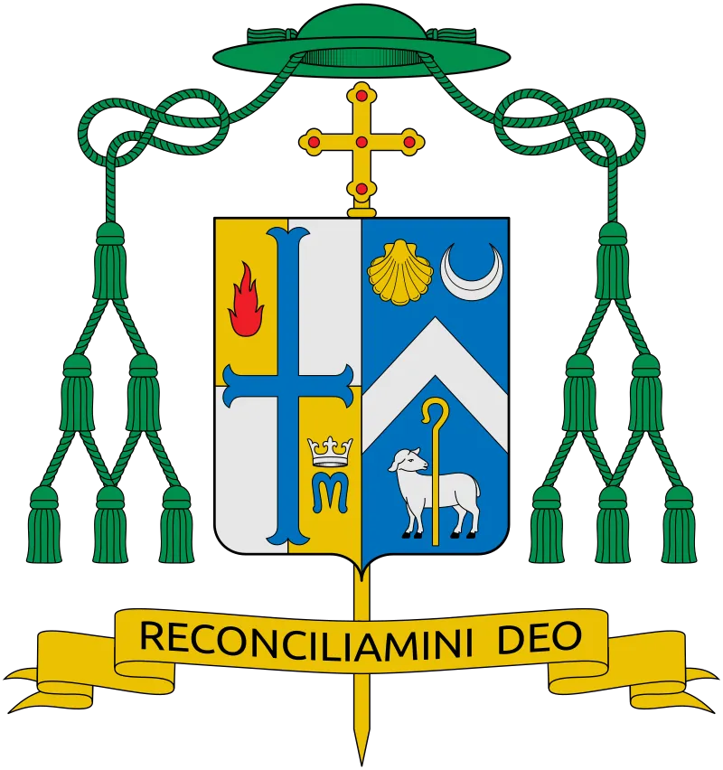 Coat of arms of Bishop James F. Checchio, featuring traditional ecclesiastical heraldic symbols.