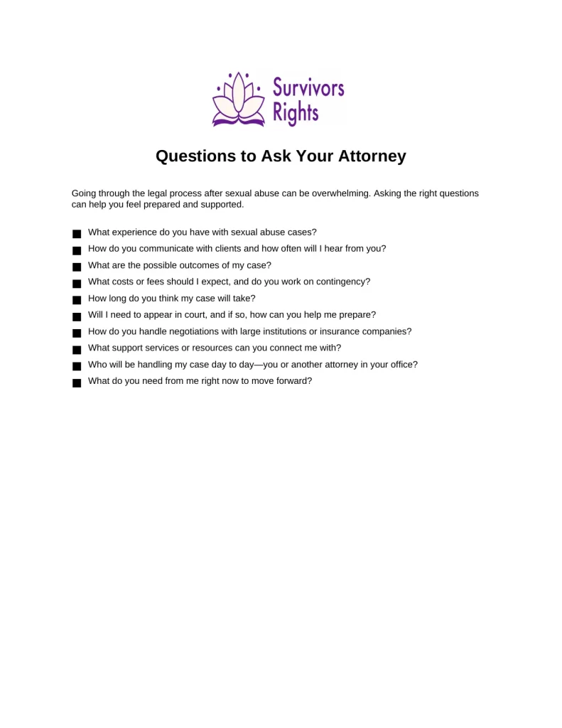 Preview image of the Questions to Ask Your Attorney checklist PDF for survivors of sexual abuse and assault