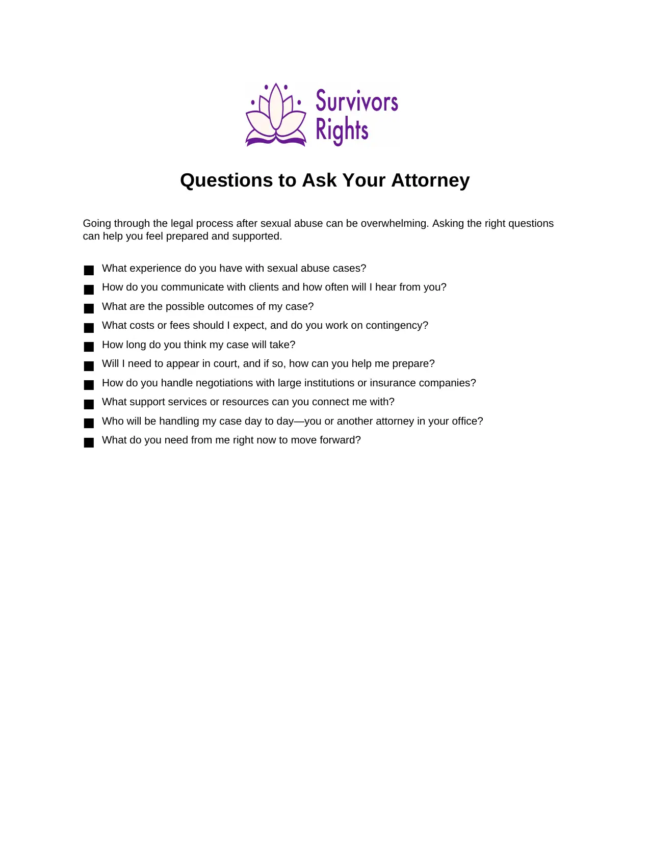 Preview image of the Questions to Ask Your Attorney checklist PDF for survivors of sexual abuse and assault