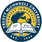 Seal of Truett McConnell University featuring an open Bible, globe, and motto Veritas Immortalis