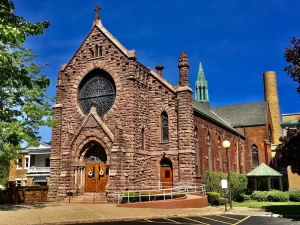 Exterior view of the gothic Blessed Sacrament Roman Catholic Church, Buffalo.