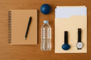 Flat lay of essential courtroom preparation items including a notebook, pen, water bottle, stress ball, watch, and legal documents on a wooden desk.