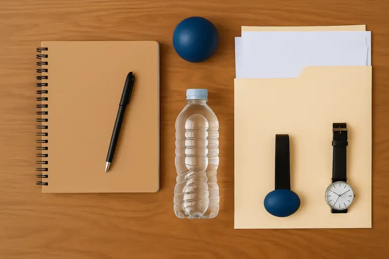 Flat lay of essential courtroom preparation items including a notebook, pen, water bottle, stress ball, watch, and legal documents on a wooden desk.