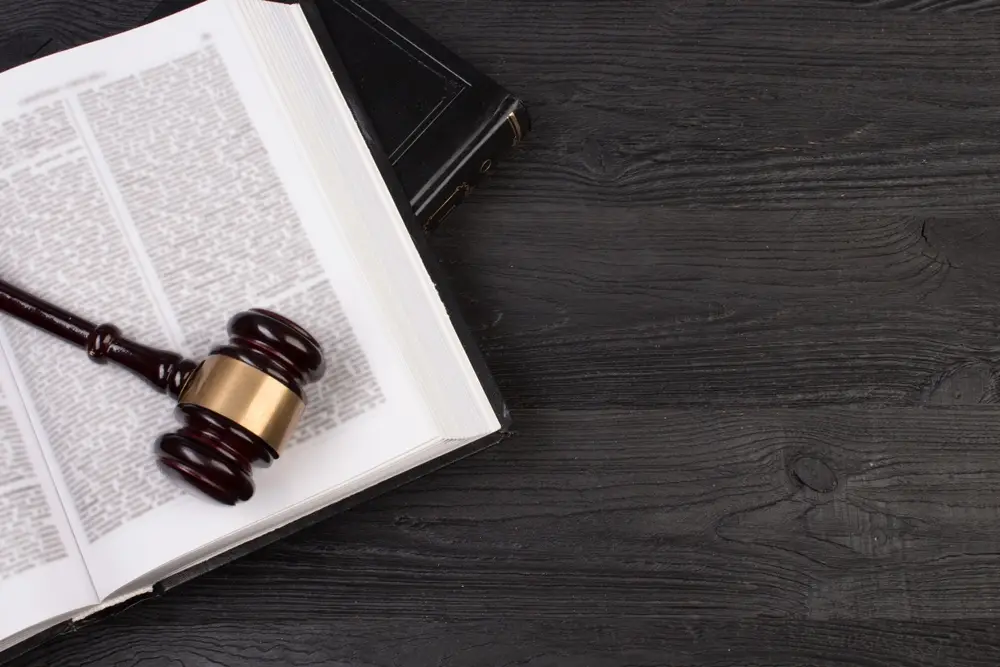 A judge’s gavel resting on an open law book, symbolizing legal definitions and justice.