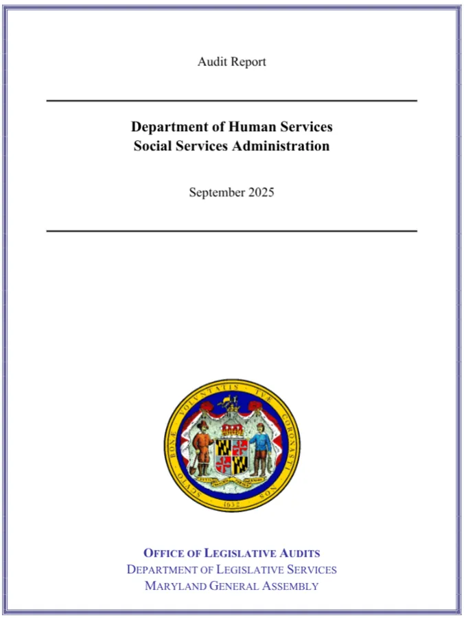 Cover page of the September 2025 audit report titled "Department of Human Services Social Services Administration" from the Maryland Office of Legislative Audits.