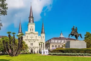 Exterior view of Saint Louis Cathedral in the French Quarter of New Orleans;