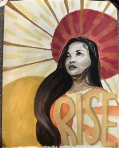 Painting of Amanda Nguyen with the word Rise, symbolizing survivor-led advocacy and empowerment.