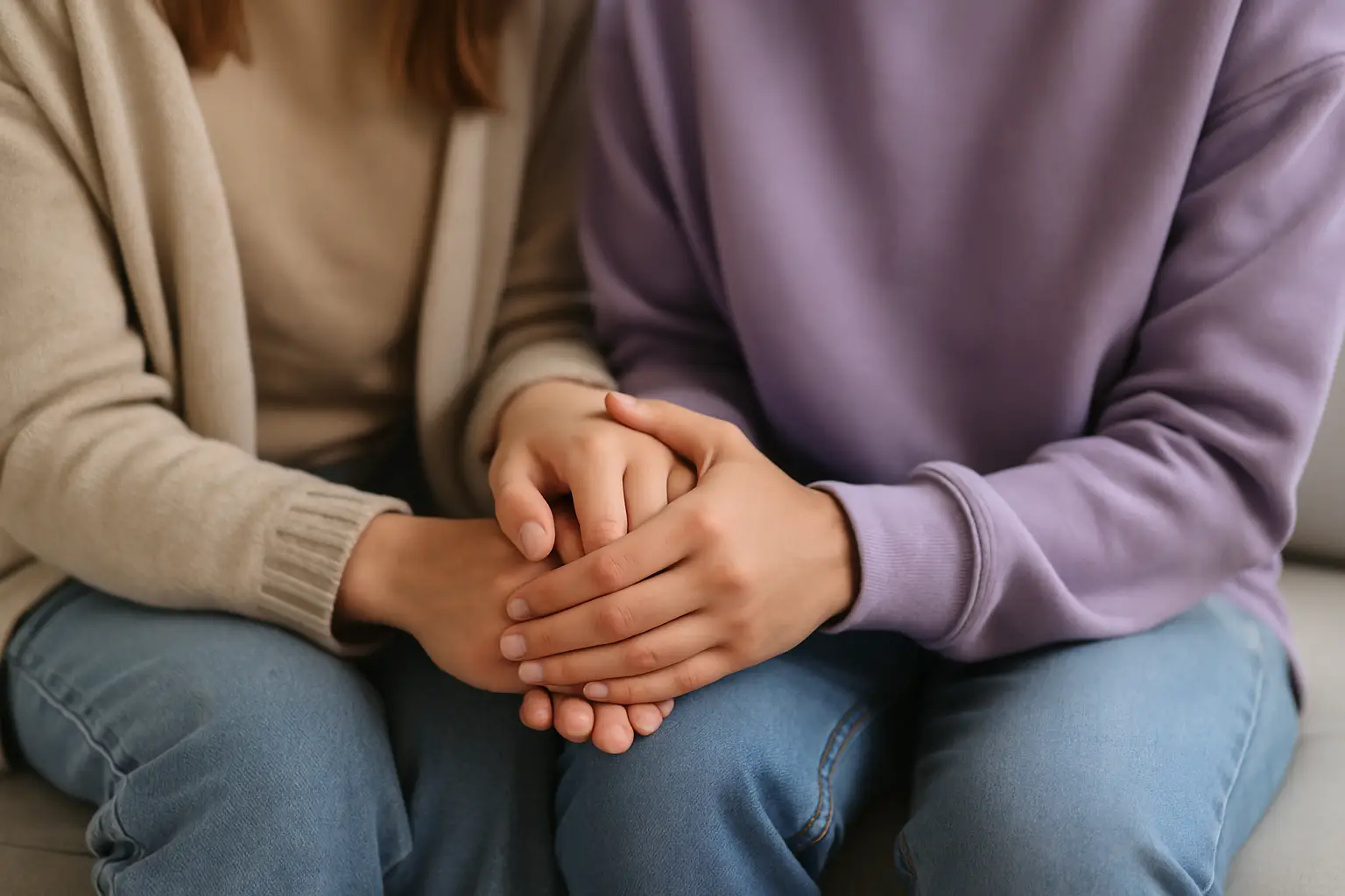 Close-up of a supportive friend holding a survivor’s hand, symbolizing comfort and solidarity.
