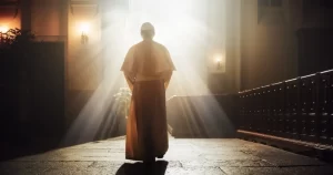 A pope standing alone in a sunlit cathedral, bathed in golden light streaming through high windows, symbolizing reflection and accountability within the Church.