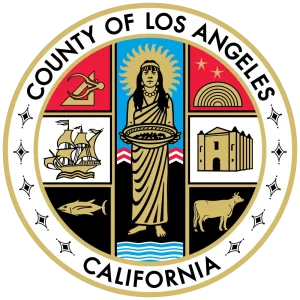 Seal of Los Angeles County, California, depicting a woman with scales of justice, a cross, engineering tools, and coastal imagery symbolizing balance, law, and community.