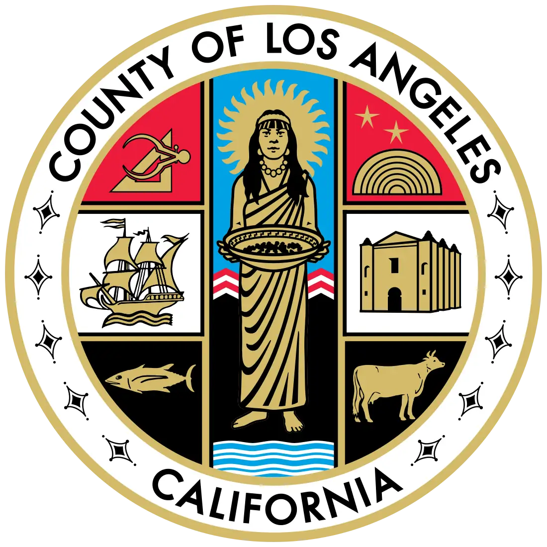 Seal of Los Angeles County, California, depicting a woman with scales of justice, a cross, engineering tools, and coastal imagery symbolizing balance, law, and community.