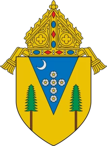 Coat of arms of the Diocese of Santa Rosa in California, featuring a shield with religious symbols representing the Catholic diocese.