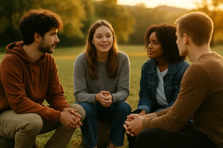 A small group of young adults sits together in a grassy field during golden hour, listening and supporting one another. The scene radiates warmth and hope, symbolizing healing, connection, and resilience after enduring hardship.
