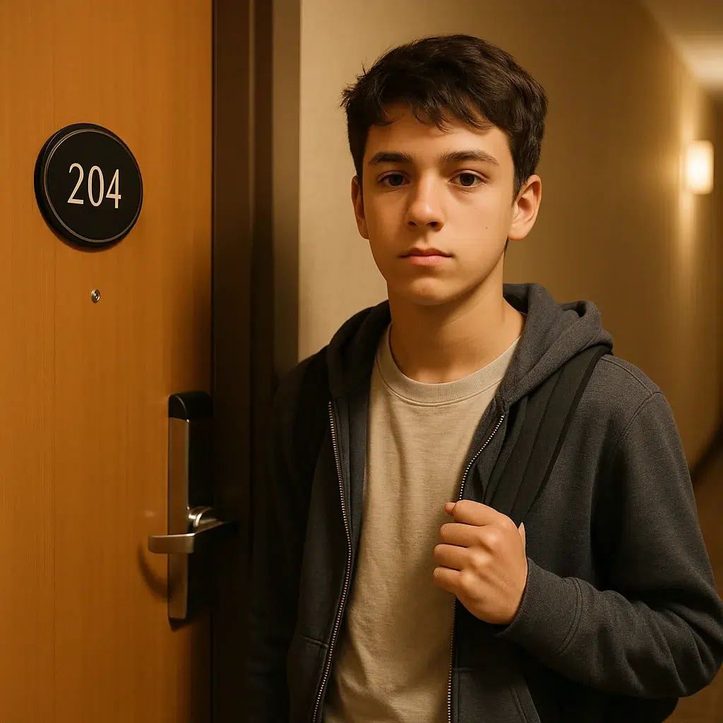 A teenage boy wearing a gray hoodie and beige shirt stands in a softly lit hotel hallway beside a door marked “204,”