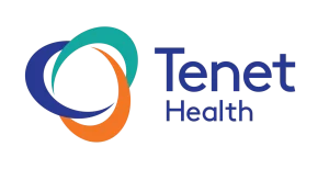 Tenet Health logo featuring three interlocking rings in blue, teal, and orange beside the company name in dark blue text