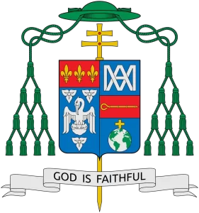 Coat of arms of Archbishop Gregory Michael Aymond, included in an article discussing the Archdiocese of New Orleans and its progress toward a settlement with survivors of clergy sexual abuse.