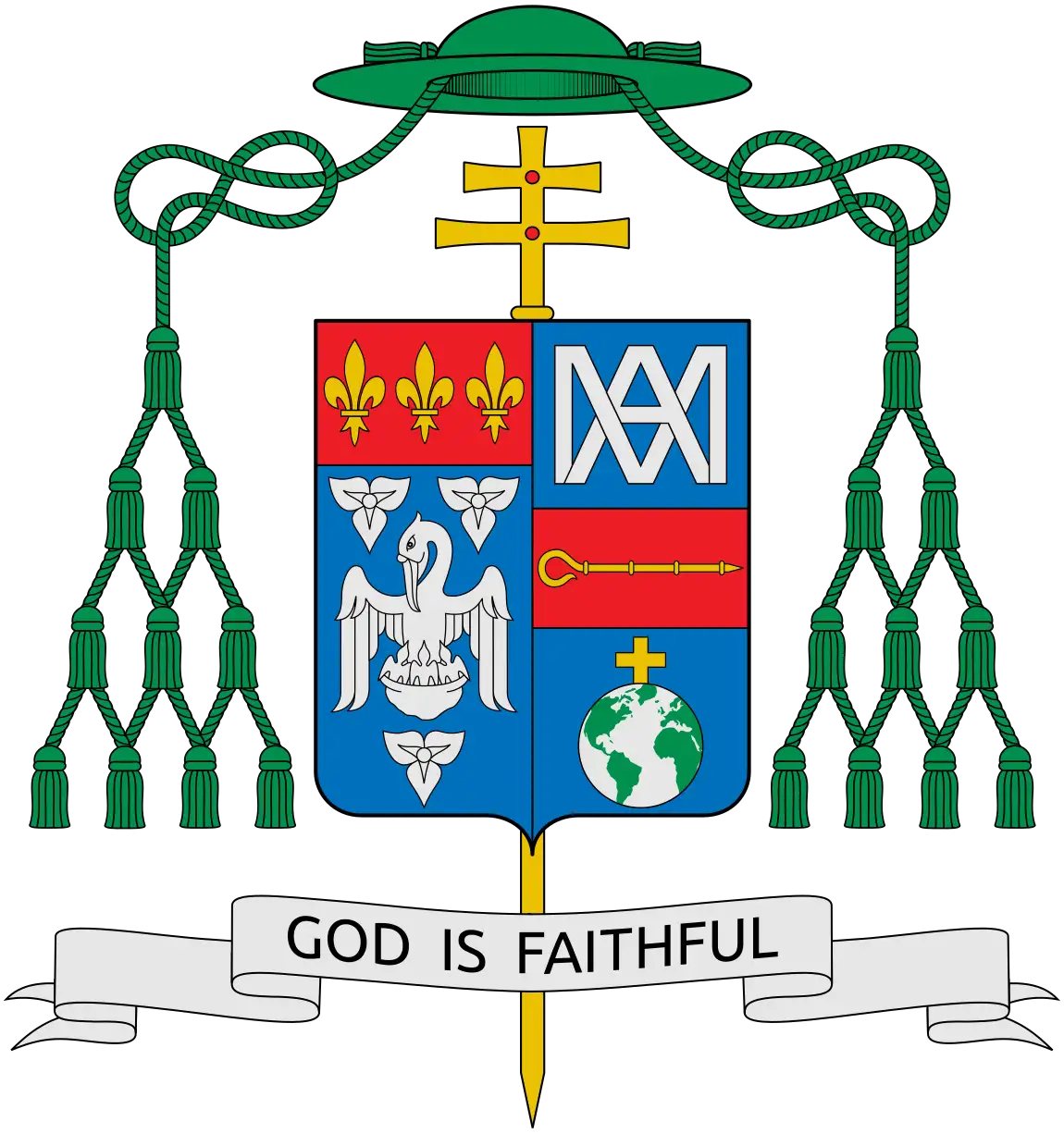 Coat of arms of Archbishop Gregory Michael Aymond, included in an article discussing the Archdiocese of New Orleans and its progress toward a settlement with survivors of clergy sexual abuse.