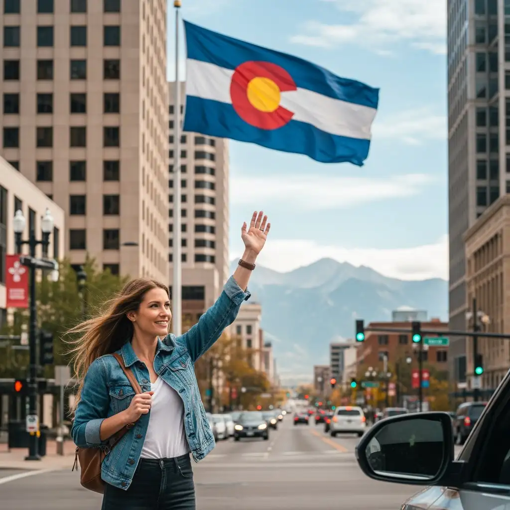 A woman standing in a Colorado city street hailing a rideshare car with the Colorado state flag waving behind her and mountains visible in the distance.