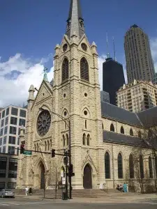 Holy Name Cathedral in Chicago, photographed from the street by Gerald C. Farinas on March 26, 2007, showing the historic stone façade and tall spire against the city skyline.