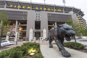 Tiger Stadium at Louisiana State University with tiger statue in front, Baton Rouge, Louisiana.