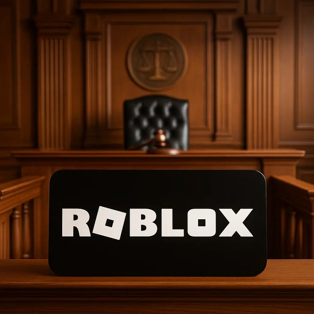 A Roblox logo displayed inside a dramatic courtroom setting, symbolizing ongoing lawsuits and legal scrutiny surrounding the platform.