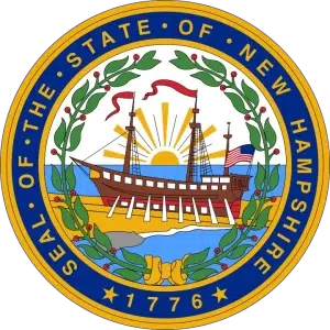 seal-of-new-hampshire The official Seal of the State of New Hampshire, featuring a ship on the water with a rising sun and laurel leaves encircling the design.