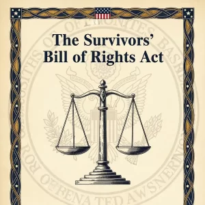 Illustrated cover-style image featuring the text “The Survivors’ Bill of Rights Act” with a vintage justice scale and decorative federal-style border.