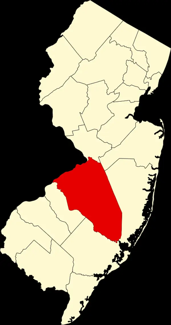 Map of New Jersey highlighting Burlington County in red.