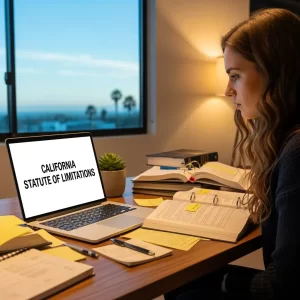 Young woman studying legal materials at a desk with a laptop displaying 'California Statute of Limitations,' symbolizing survivors researching their legal rights
