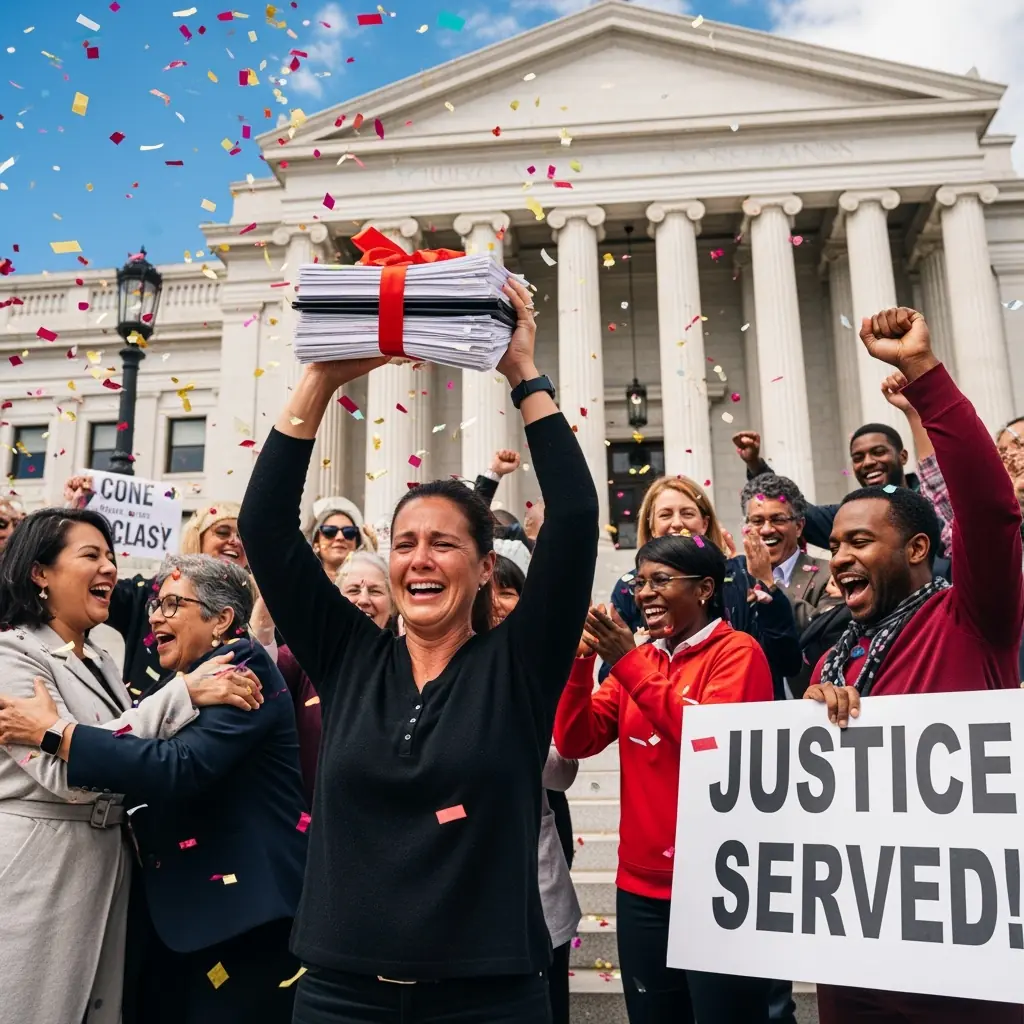 Survivors and supporters celebrate outside a courthouse as confetti falls, with a woman holding a stack of legal documents overhead and a sign reading ‘Justice Served!’ in the crowd